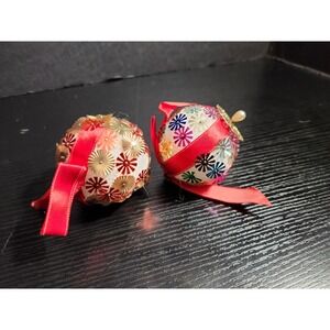 Vintage Sphere sequin Ornaments Red Gold Starburst Accents Decorations Set of 2